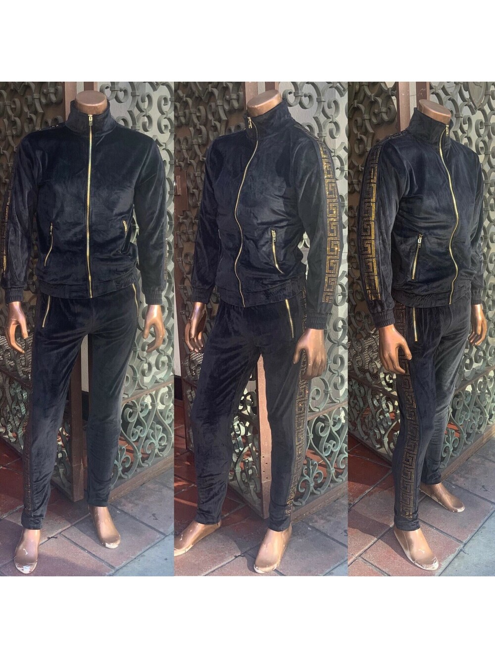 Men's Fashion Black | Gold Velour Slim Fitted Tracksuit